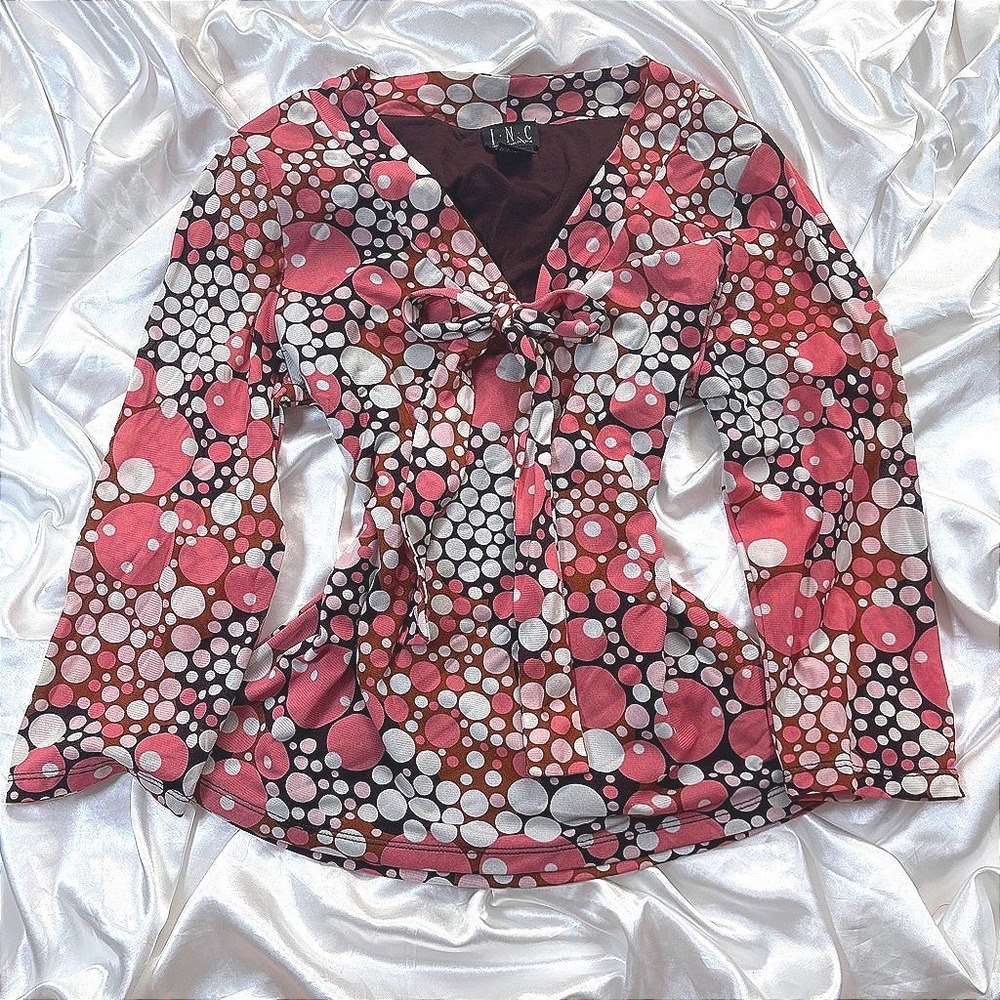 y2k Blouse Pink Excellent INC Mesh Bubble Print Tie Front Long Sleeve Top M